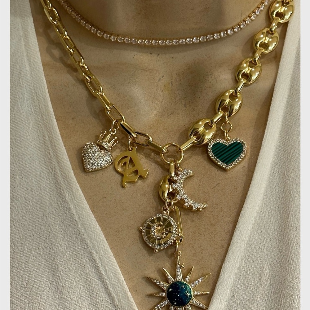 Malachite heart celestial layered charms necklace.